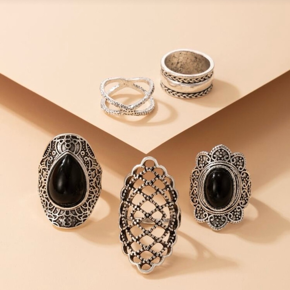 Antique Silver and Black Elegant Vintage Style Hollow Out  5 Piece Ring Set